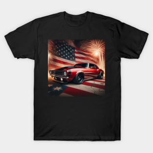 Chevrolet Camaro and The American Flag by Gas Autos T-Shirt